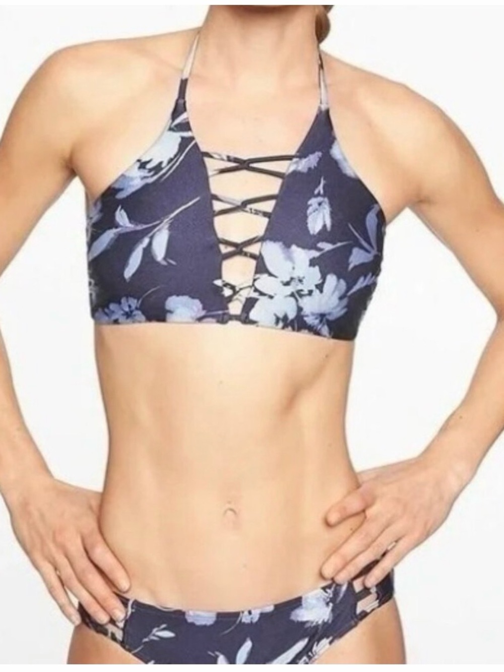 Athleta Navy Blue Floral Lace-Up Bikini Top
